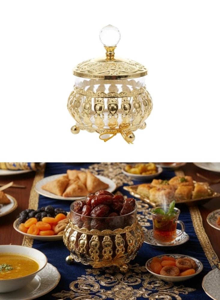 بريميم وعاء فاخر لتقديم التمر من الزجاج الذهبي مع غطاء مزخرف قطعة واحدة - Image 1